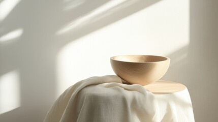 Poster - Natural light illuminates a wooden bowl on a fabric-covered table in a minimalist setting