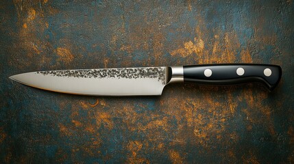 Chef's knife on rustic surface