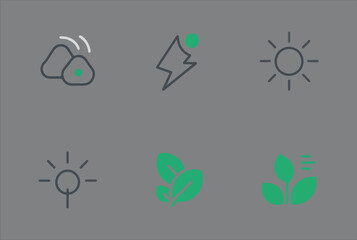 Fototapete - Set of six simple line icons representing nature and energy on a gray background