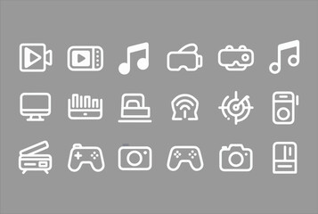 Poster - Collection of white technology and entertainment icons on a gray background