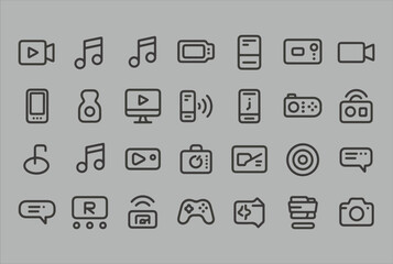 Fototapete - Collection of modern line art icons representing technology and media on a gray background