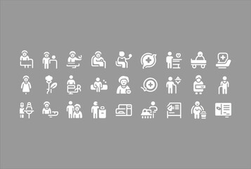 Poster - Collection of white icons representing people and medical services on a gray background