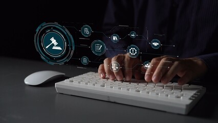 Poster - Futuristic digital law interface displaying justice scale, highlighting digital law, AI compliance, digital law systems, and digital law regulations for secure governance. Muxer