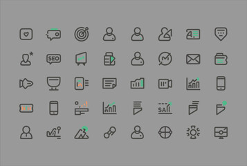 Fototapete - Collection of modern outline icons for business and technology on a grey background