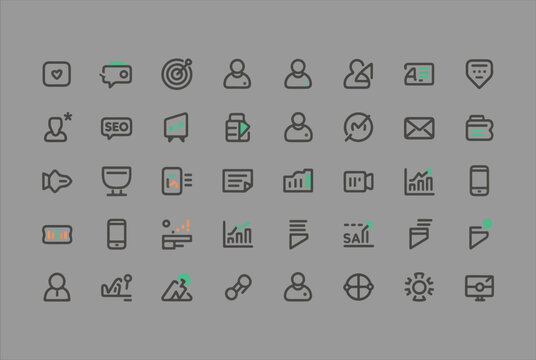 Collection of modern outline icons for business and technology on a grey background