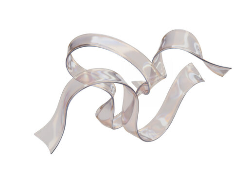 A pearlescent ribbon floats against a black backdrop curving and overlapping creating a sense of movement and abstract design