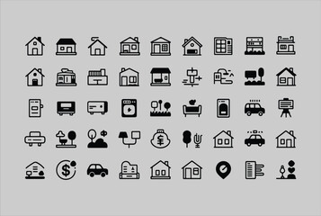 Fototapete - Collection of diverse black outline icons representing houses cars and financial symbols