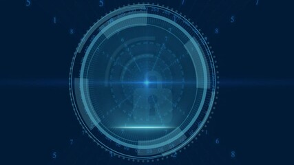 Poster - Shield emerging activating rotating grid and expanding rings while scanning padlock securing data