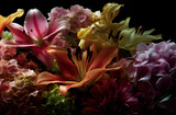 A close-up of an arrangement of flowers, including lilies and hydrangeas