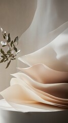 Poster - Soft layers of delicate paper with a sprig of greenery in a serene indoor setting during afternoon light