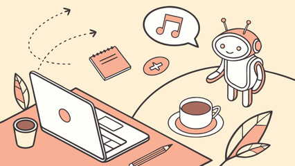 Poster - Illustration of a robot working from home with laptop and coffee for ai technology concept of work automation