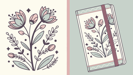 Poster - Floral notebook journal with flowers leaves and botanical elements for writing and sketching design vector
