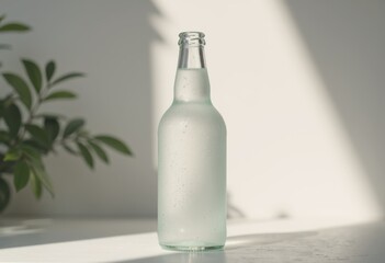 Poster - Empty glass bottle levitating against a neutral background
