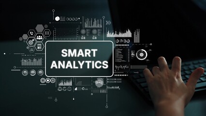 Poster - Smart Analytics Concept with Graphs, Charts, and Data Visualizations on Dark Background with Hand on Keyboard. Asymptotic smart data analytic.