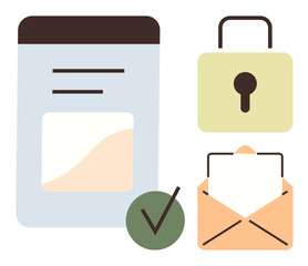 Poster - Padlock for security, envelope for communication, file for document storage, and green check for approval. Ideal for data protection, privacy, digital communication, encryption, authorization online