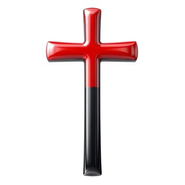 A 3D rendered image of a cross, half red and half black, isolated on a white background