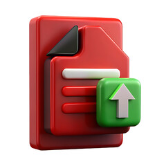 Poster - download icon on red button, Red document icon with a green upload button featuring a white arrow pointing upwards isolated on white background
