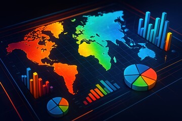 Poster - Global Data: A vibrant display of world map and charts illustrating global data analysis, ideal for presentations and visualizations.