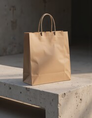 Poster - Plain paper shopping bag floating above a concrete bench in a minimalist setting