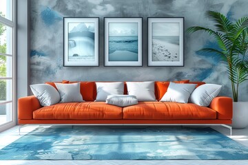 Poster - A beautifully arranged living room combines comfort and style showcasing an orange couch adorned with plush cushions artwork on the walls and a lively potted plant for a fresh touch.
