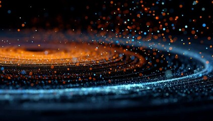 Poster - 3D render, an abstract futuristic background with glowing blue and orange dots on a black surface forming a circular shape Generative AI