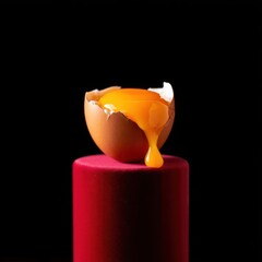 Poster - A cracked egg rests on a red velvet pedestal with a vibrant golden yolk spilling out. The stark black background enhances the rich colors and textures creating a striking visual contrast.