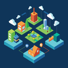 Poster - Isometric cityscape illustration featuring buildings parks and clouds representing urban planning or smart city concepts