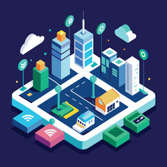 Poster - Isometric illustration of a smart city with buildings streets and wireless connectivity on a dark blue background.