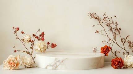 Poster - Elegant floral arrangement on marble display with dried foliage and roses in soft lighting setting