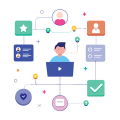 Poster - Modern flat design illustration of a business process with a person interacting with elements