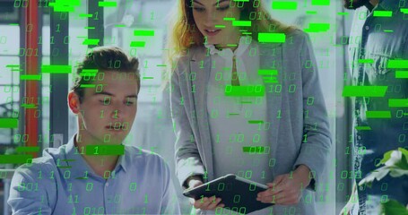Poster - Colleagues collaborating on tech project at laptop, woman lifting tablet causing binary overlay