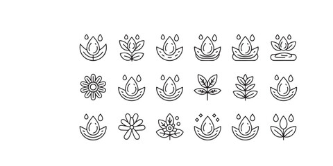 Aufkleber - Collection of minimalist line art icons featuring water drops and various floral leaf designs isolated
