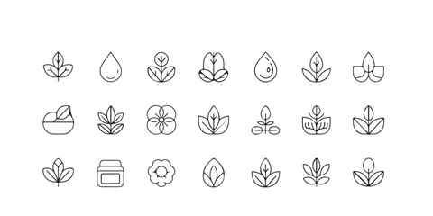 Aufkleber - Collection of minimalist line art icons featuring water drops and various floral leaf designs isolated