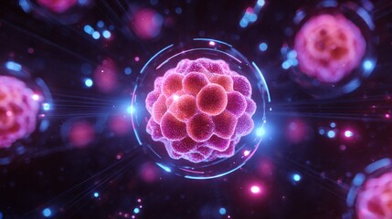Poster - Abstract illustration of cells with vibrant colors emitting light, symbolizing biological processes or microscopic views.
