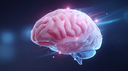 Poster - A vibrant, digital illustration of a human brain, highlighted with glowing effects against a dark background, symbolizing intelligence and creativity.