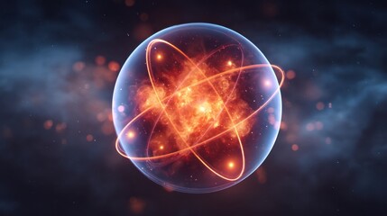 Poster - A glowing atom model surrounded by vibrant particles, representing energy and the essence of matter in a cosmic environment.