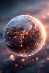 Poster - A glowing digital illustration of the Earth with futuristic details