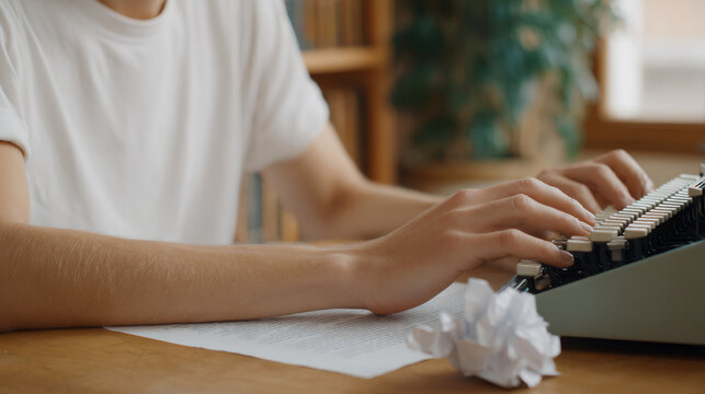 Person typing on vintage typewriter with crumpled paper nearby. Retro writing process, creative workspace. Author workspace, old-fashioned communication concept