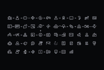 Fototapete - Collection of white line art icons depicting processes workflows and data flow on a black background
