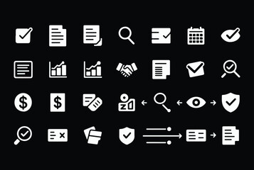 Poster - Collection of white business and finance icons on a black background representing tasks documents charts money and security concepts