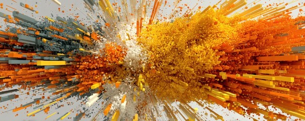 Poster - Dynamic abstract digital art with vibrant explosion of orange and yellow blocks