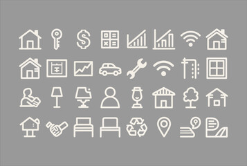 Poster - A collection of white line art icons representing real estate finance technology and lifestyle elements on a solid gray background