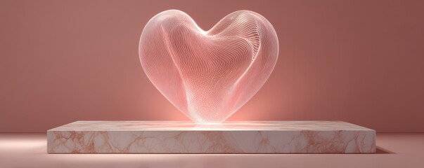 Aufkleber - Abstract glowing heart sculpture on a pink marble platform with soft lighting