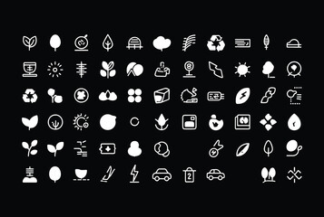 Poster - Collection of simple white line icons on a black background representing nature technology and sustainability concepts