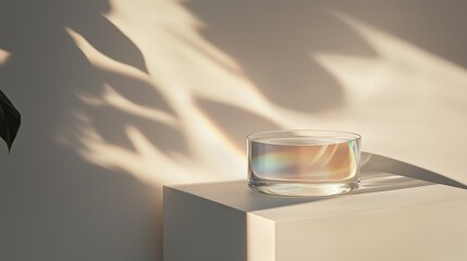 Poster - Calm clear glass container on a white pedestal casting soft shadows in afternoon light