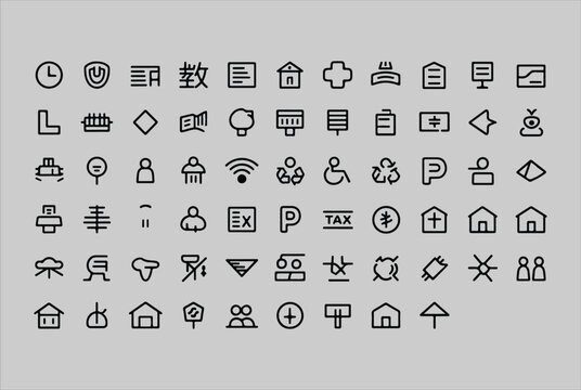 Collection of various minimalist line art icons representing common symbols for user interface design and web applications