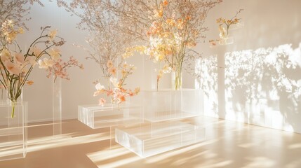 Poster - Beautiful floral installation in a bright, modern gallery showcasing delicate blooms and gentle shadows