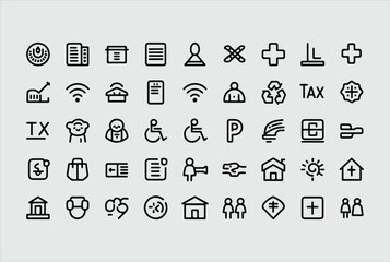 Fototapete - A comprehensive collection of diverse outline icons representing various concepts including technology business healthcare and personal services for digital interfaces