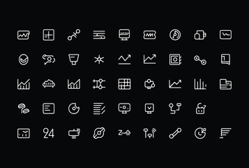 Fototapete - A collection of modern minimalist white line icons on a black background representing business analytics data charts and technology symbols