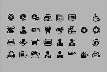 Poster - Collection of black simple outline icons representing finance health technology communication and services on a gray background